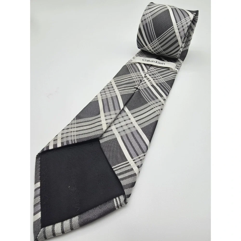 Calvin Klein Gray Black White Tie Plaid Necktie 57